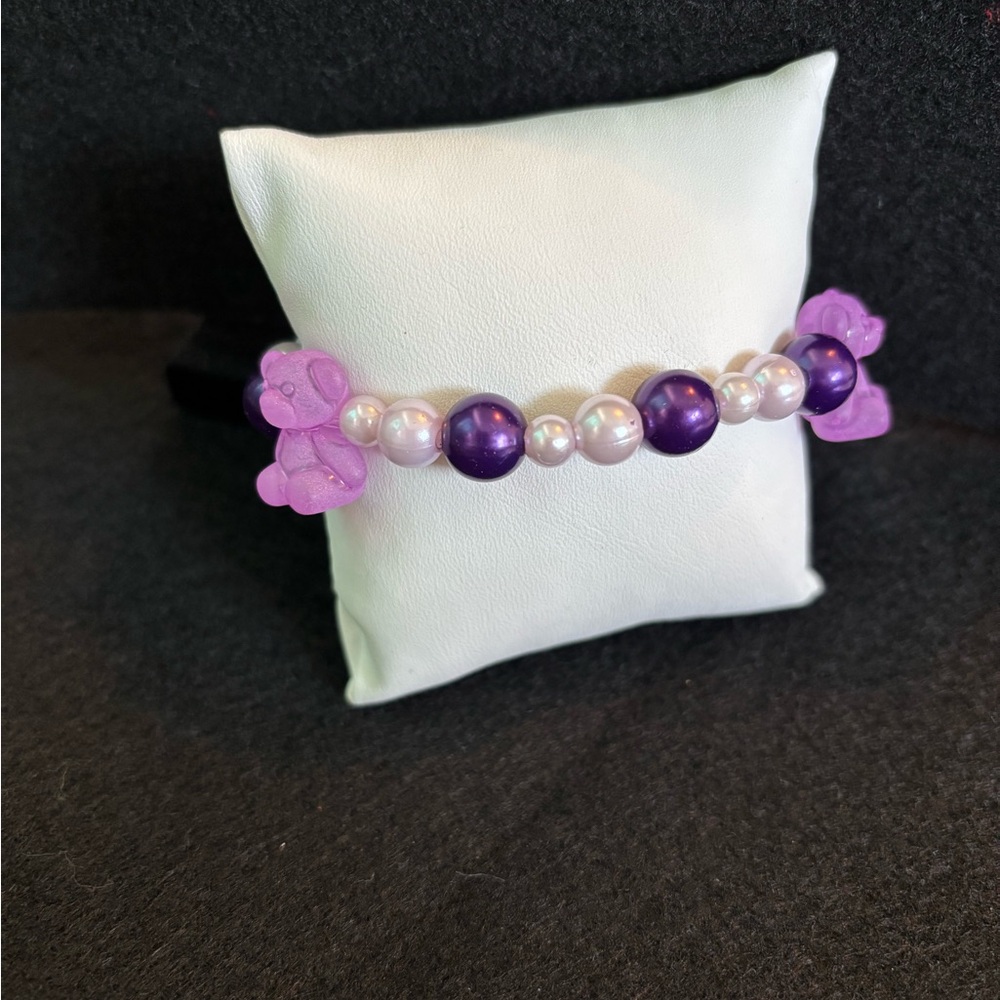Purple and Pink Beaded Bracelet with Bear Accents